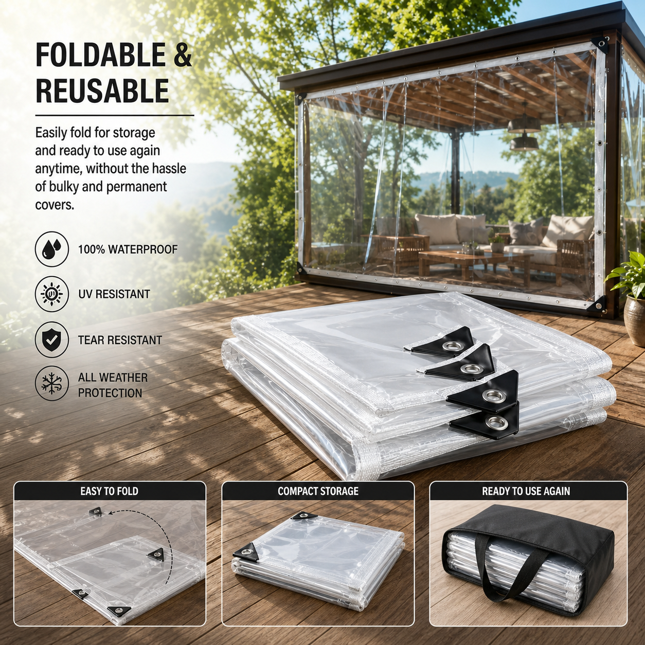 Heavy Duty Clear Waterproof PE Tarp – Transparent Outdoor Cover with Metal Grommets