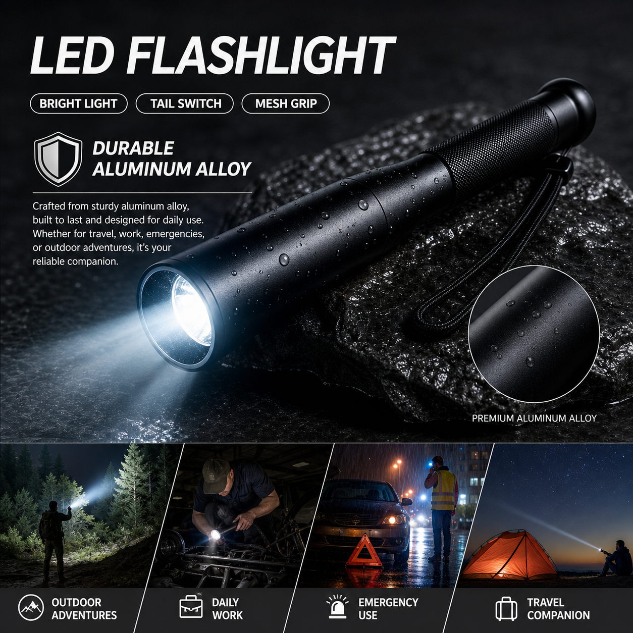 Aluminum Alloy Flashlight – 3 Modes Durable Portable Torch