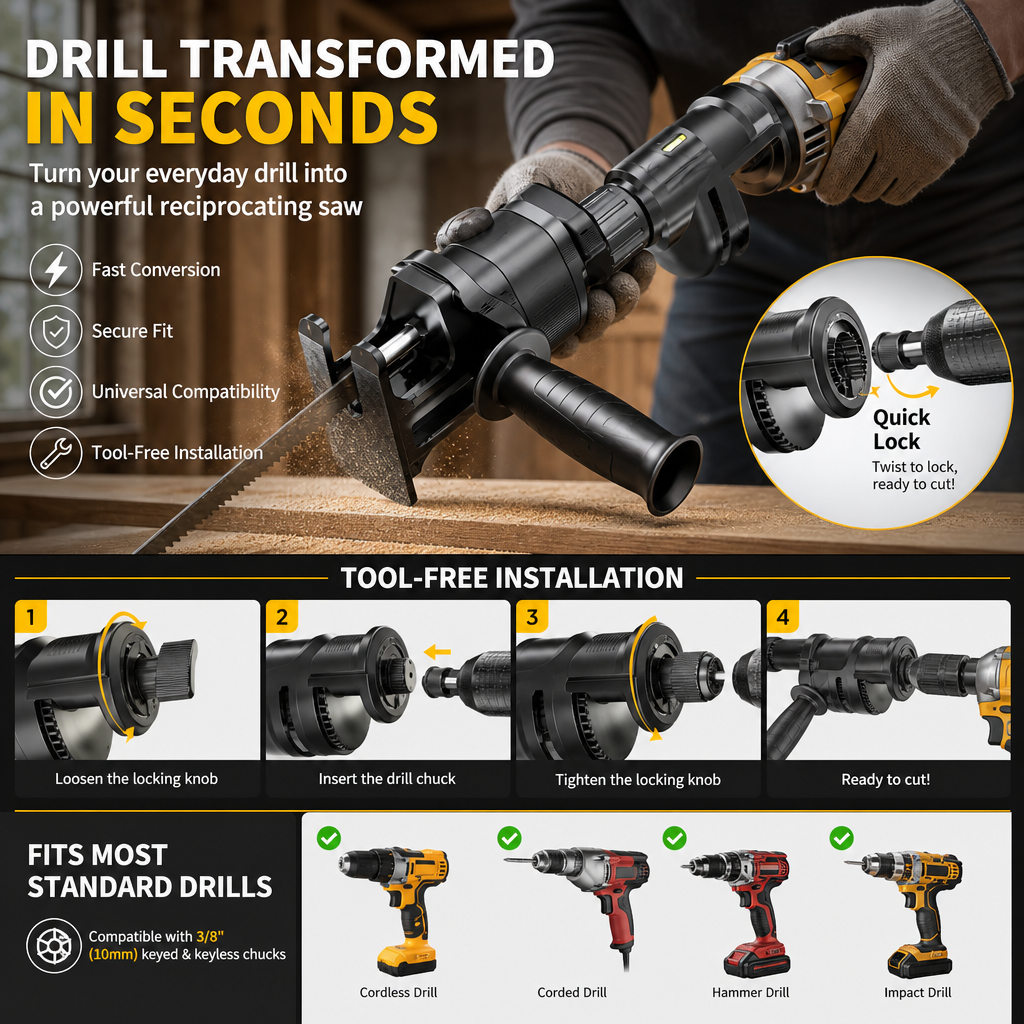 Reciprocating Saw Attachment for Drill – 3 Blades for Wood, Metal & PVC