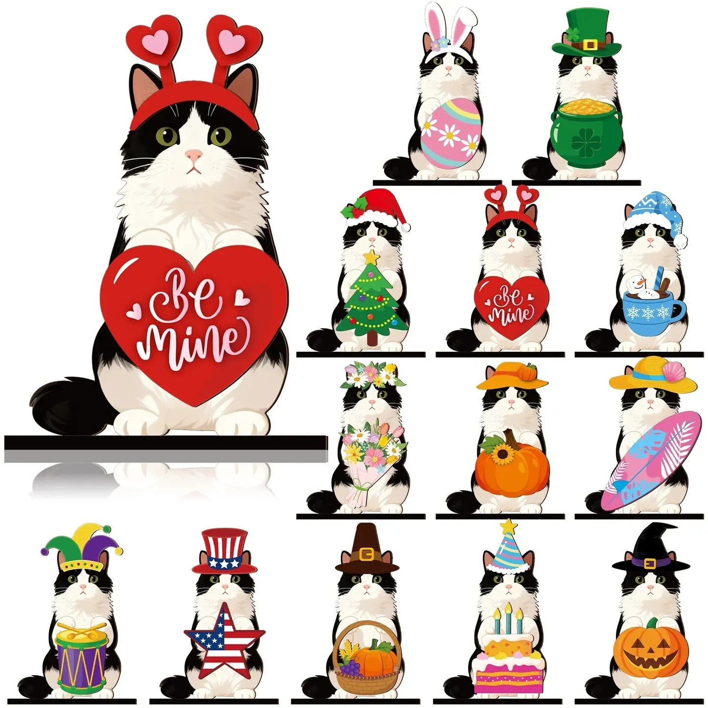 Halloween Cat Decor – Interchangeable Magnetic Wooden Sign with Detachable Hats for All Holidays