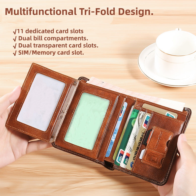 Genuine Top Grain Leather RFID Blocking Trifold Wallet for Men - 11 Slots