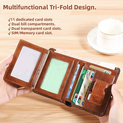 Genuine Top Grain Leather RFID Blocking Trifold Wallet for Men - 11 Slots