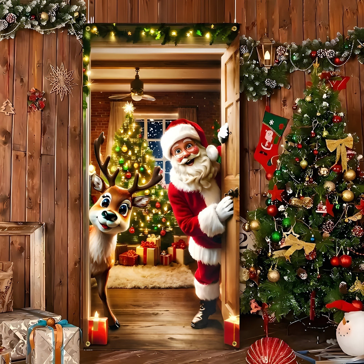 Santa & Reindeer Christmas Door Banner – Large Reusable Holiday Decor