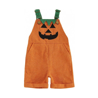 Toddler Halloween Corduroy Overalls – Pumpkin & Devil Print, Sleeveless Romper