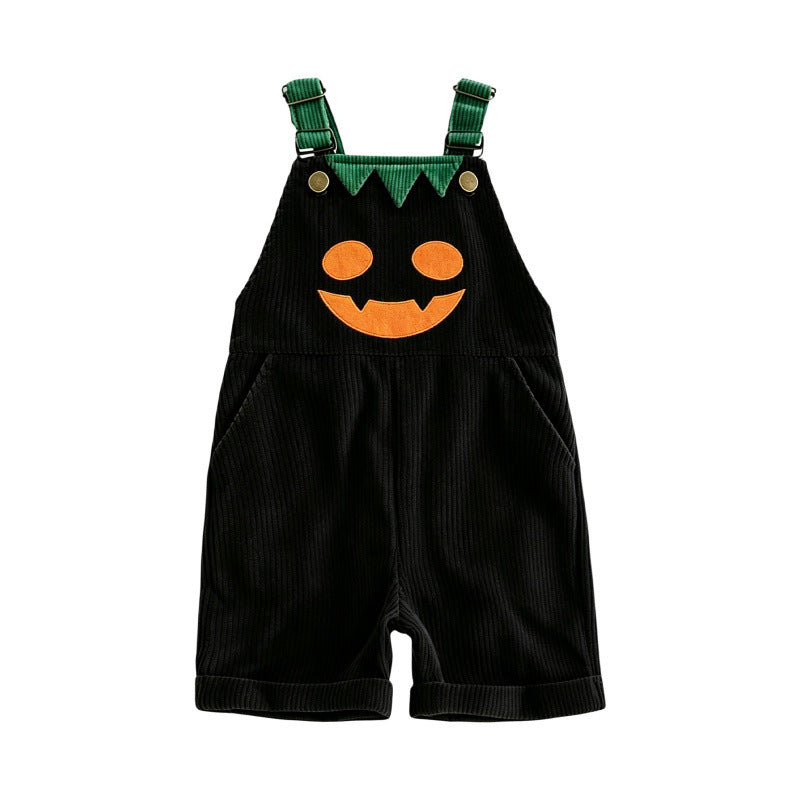 Toddler Halloween Corduroy Overalls – Pumpkin & Devil Print, Sleeveless Romper