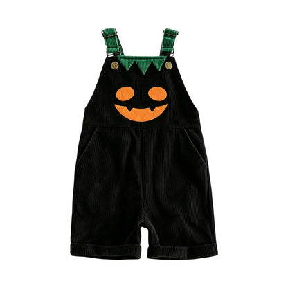 Toddler Halloween Corduroy Overalls – Pumpkin & Devil Print, Sleeveless Romper