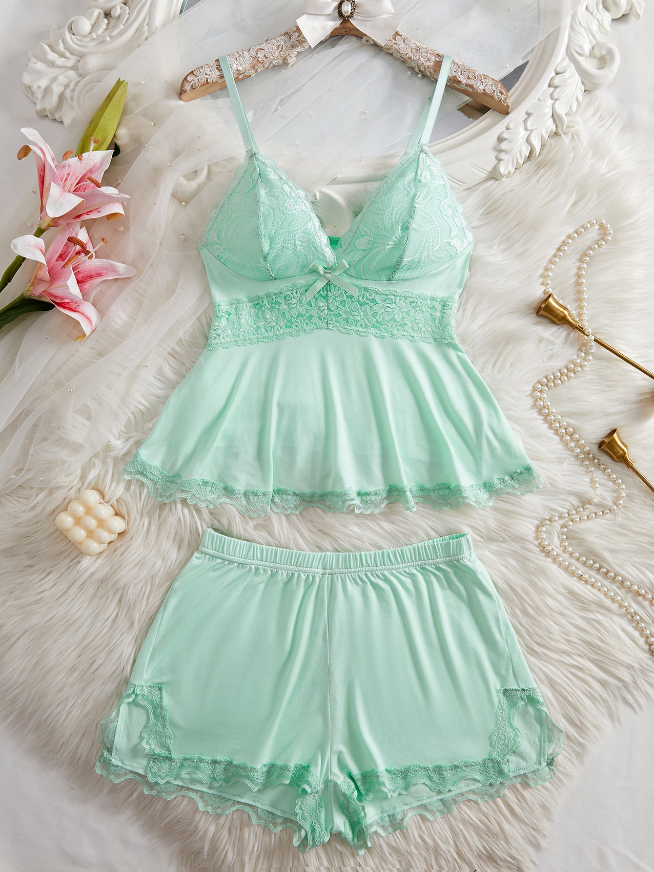 Lace Trim Cami & Shorts Pajama Set for Women