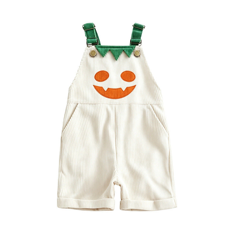 Toddler Halloween Corduroy Overalls – Pumpkin & Devil Print, Sleeveless Romper