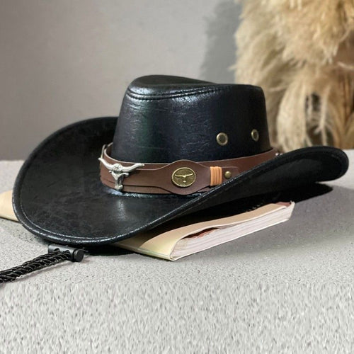 Vintage Cracked Leather Cowboy Hat – Bull Skull Band, Adjustable Fit