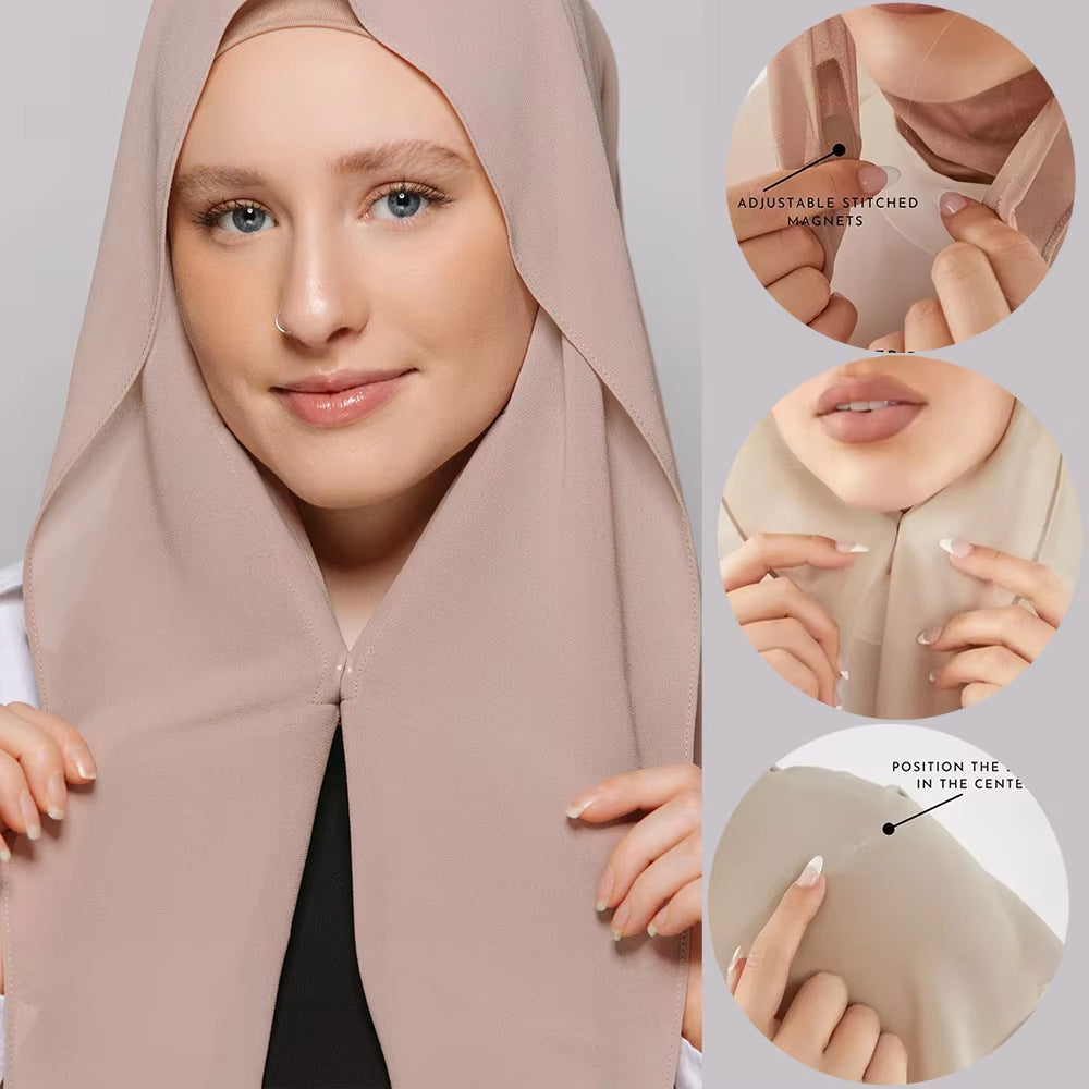 Instant Chiffon Hijab 3-in-1 Magnetic Set – Undercap & Wrap, Ready to Wear