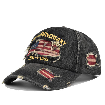 250th Anniversary Distressed Denim Hat – 1776-2026 Embroidered Patriotic Cap