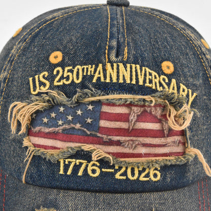 250th Anniversary Distressed Denim Hat – 1776-2026 Embroidered Patriotic Cap
