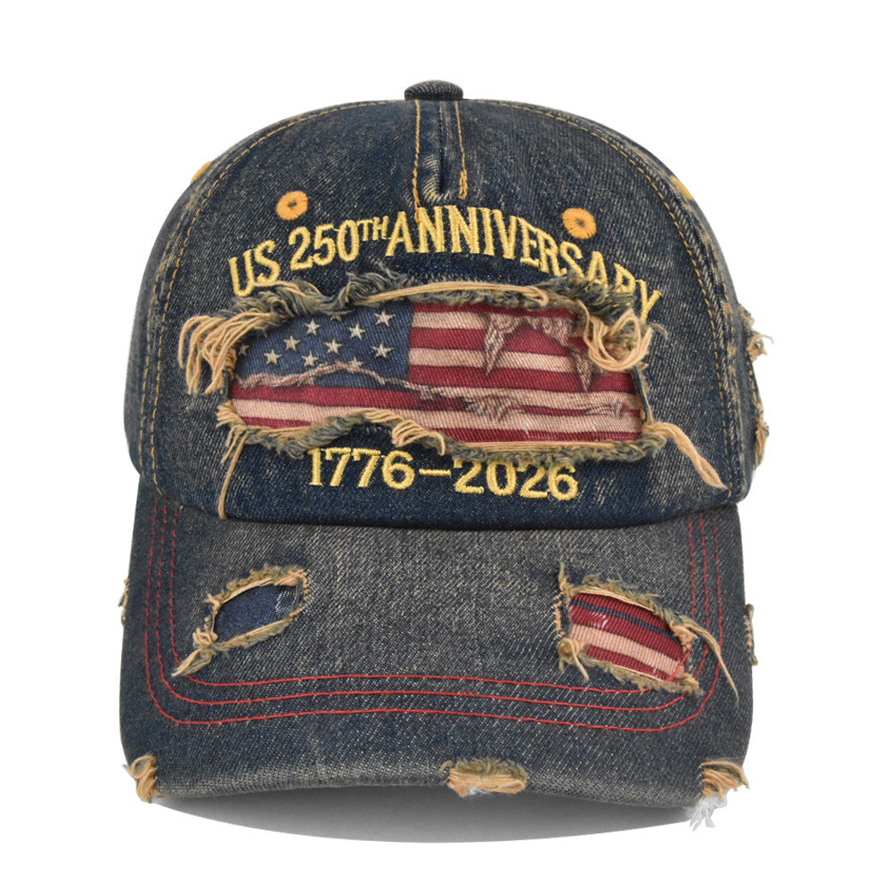 250th Anniversary Distressed Denim Hat – 1776-2026 Embroidered Patriotic Cap