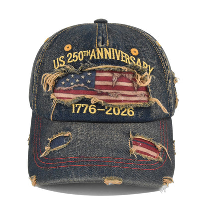 250th Anniversary Distressed Denim Hat – 1776-2026 Embroidered Patriotic Cap