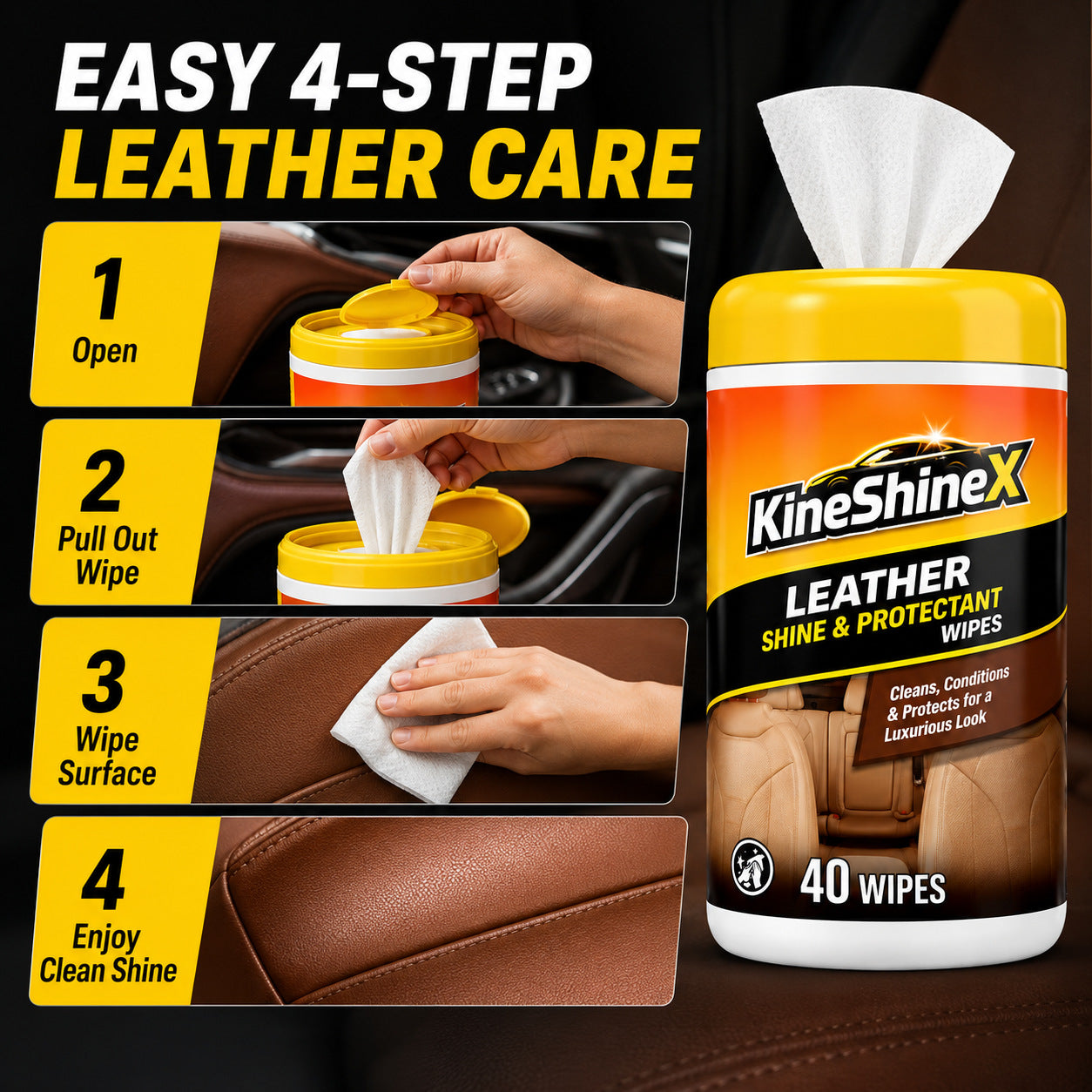 3-in-1 Leather Car Cleaning Wipes with UV Protection