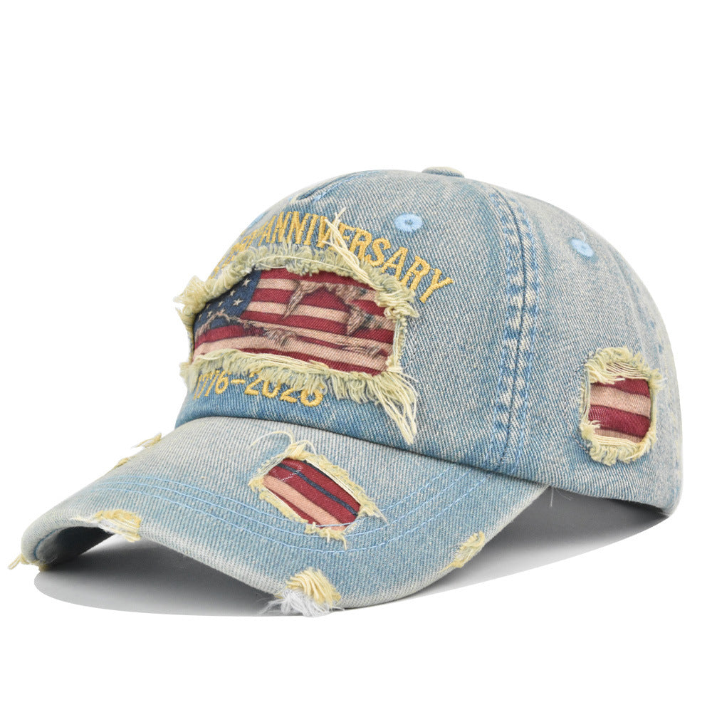 250th Anniversary Distressed Denim Hat – 1776-2026 Embroidered Patriotic Cap