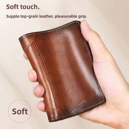 Genuine Top Grain Leather RFID Blocking Trifold Wallet for Men - 11 Slots