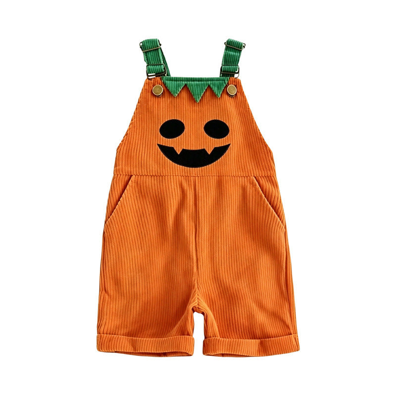 Toddler Halloween Corduroy Overalls – Pumpkin & Devil Print, Sleeveless Romper