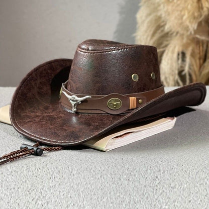 Vintage Cracked Leather Cowboy Hat – Bull Skull Band, Adjustable Fit