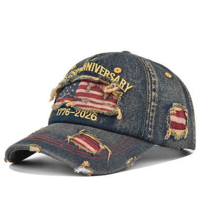 250th Anniversary Distressed Denim Hat – 1776-2026 Embroidered Patriotic Cap