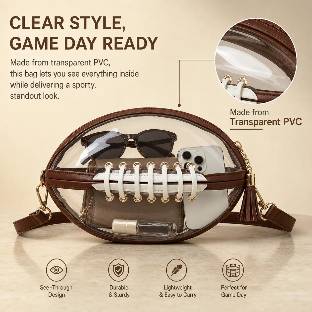 Football-Shaped Clear Stadium Bag