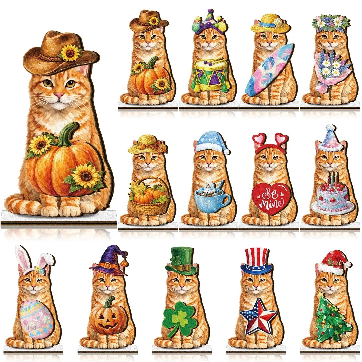 Halloween Cat Decor – Interchangeable Magnetic Wooden Sign with Detachable Hats for All Holidays