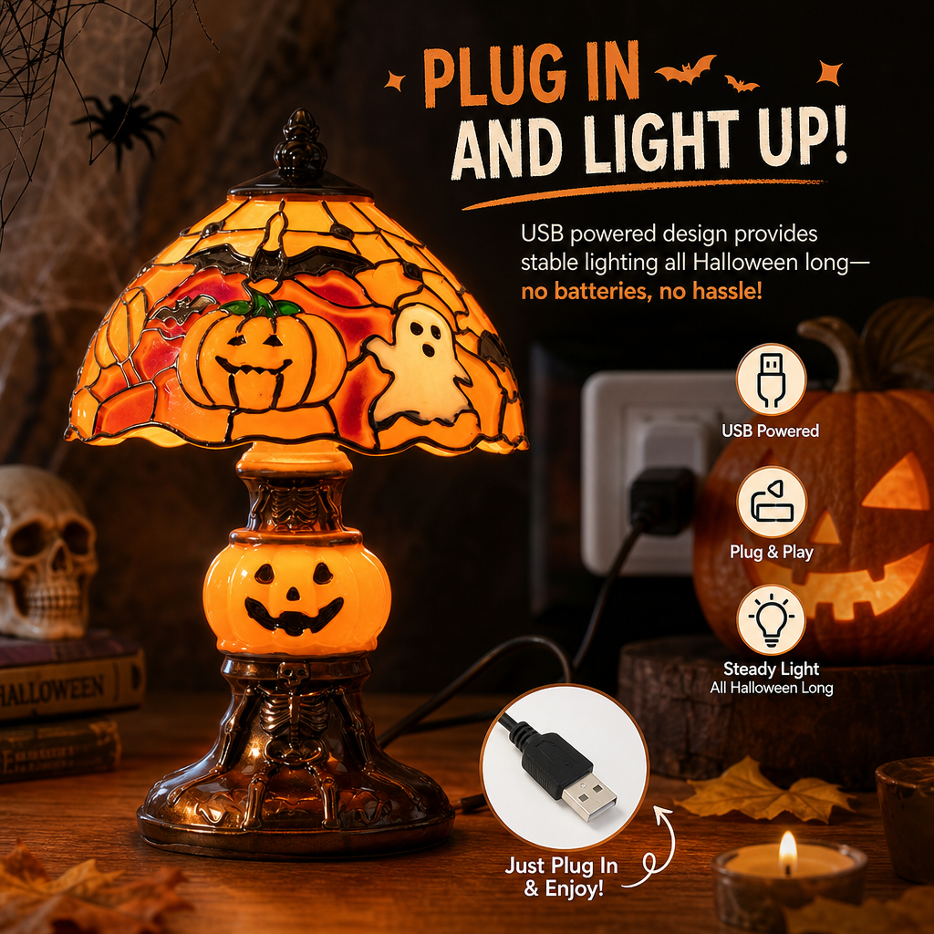 Halloween Pumpkin Lamp – Hand-Painted Design, Warm Glow & USB Powered