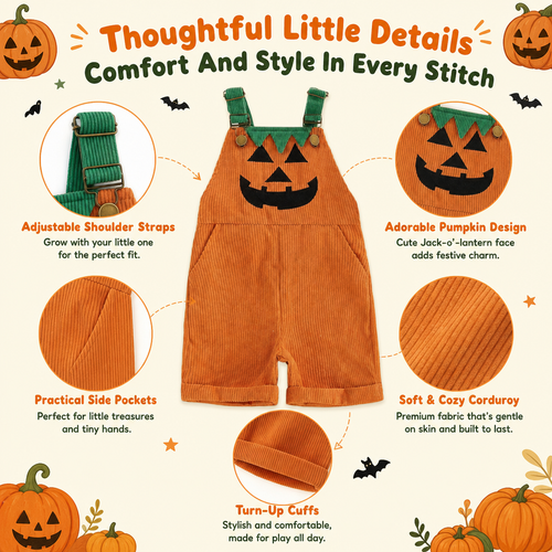 Toddler Halloween Corduroy Overalls – Pumpkin & Devil Print, Sleeveless Romper