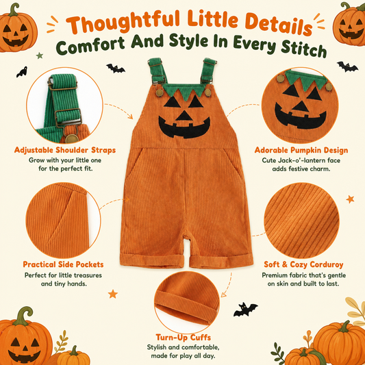 Toddler Halloween Corduroy Overalls – Pumpkin & Devil Print, Sleeveless Romper