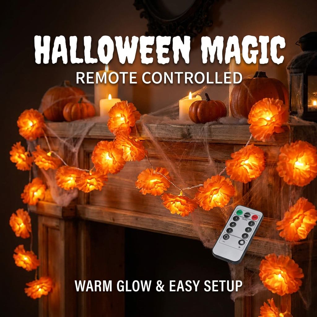 Halloween Marigold LED Garland Lights – 20/40 LEDs, Remote & Steady-On Options