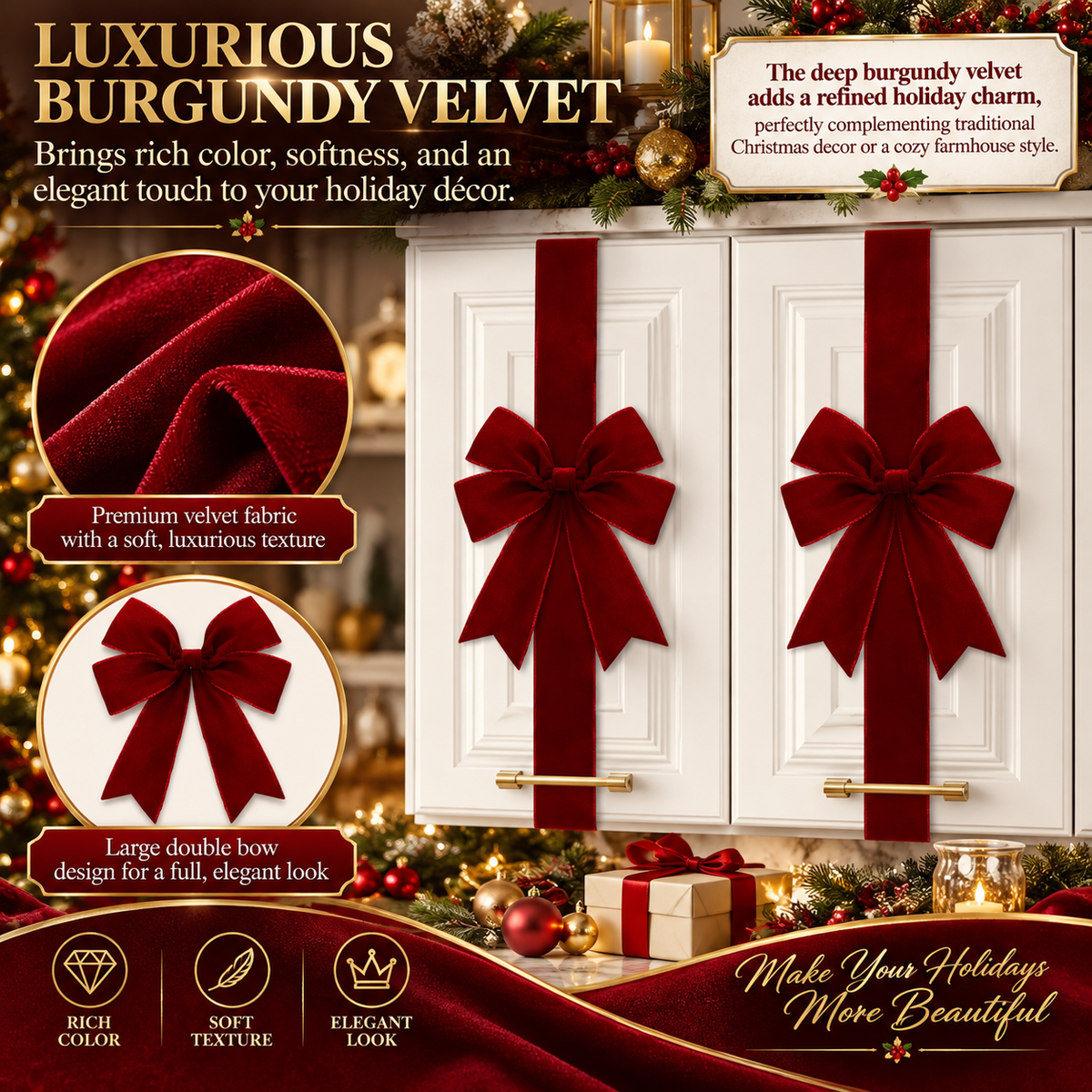 Burgundy velvet bows decorating white Christmas kitchen cabinets
