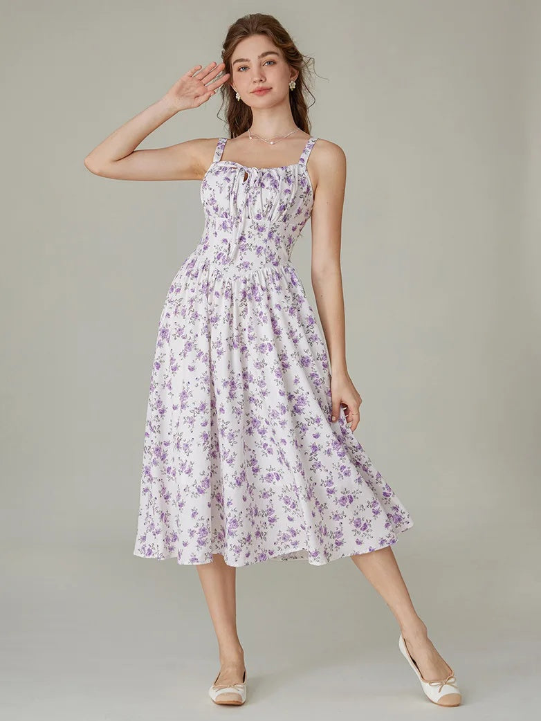 Women’s Floral Midi Corset Sundress – Summer Spring Vacation Milkmaid Style