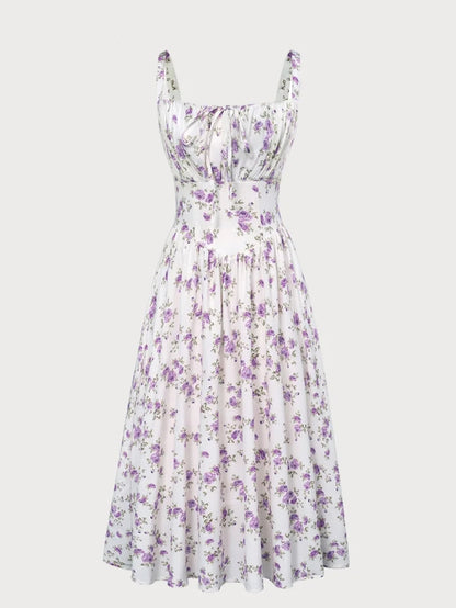 Women’s Floral Midi Corset Sundress – Summer Spring Vacation Milkmaid Style