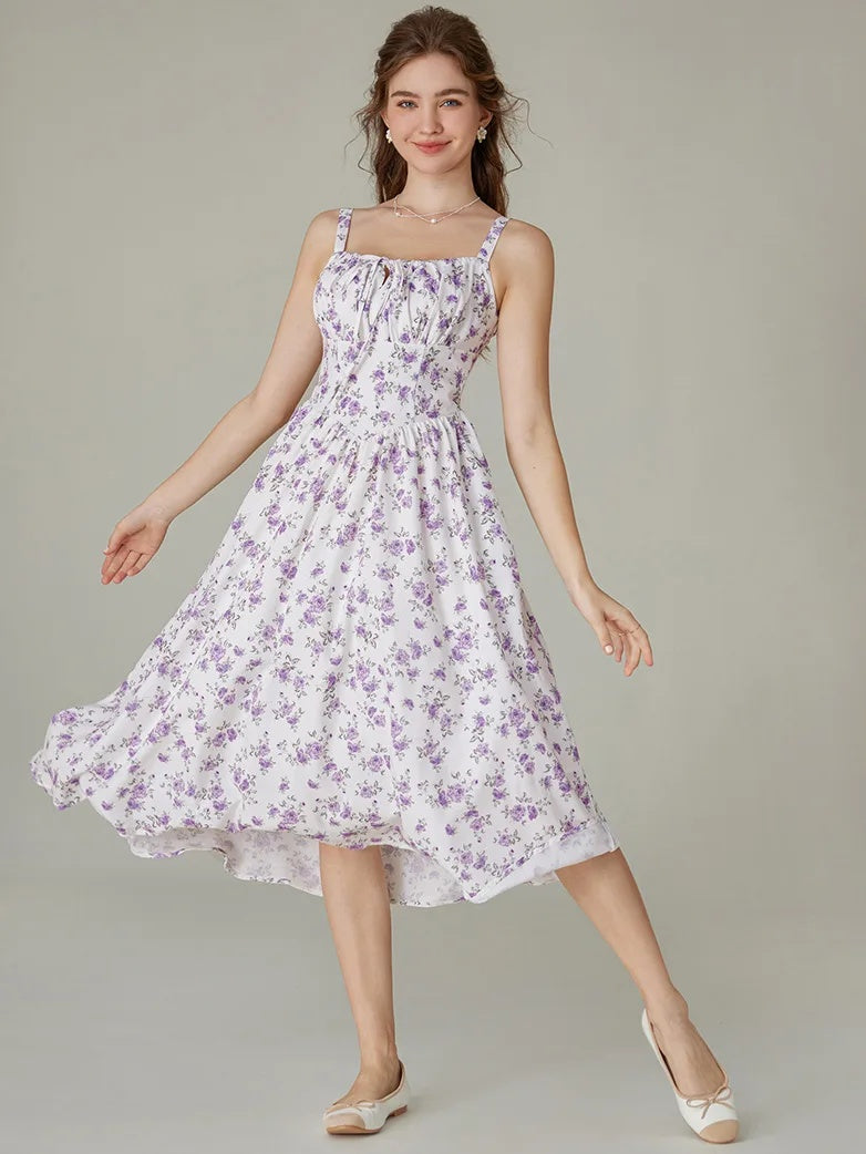 Women’s Floral Midi Corset Sundress – Summer Spring Vacation Milkmaid Style