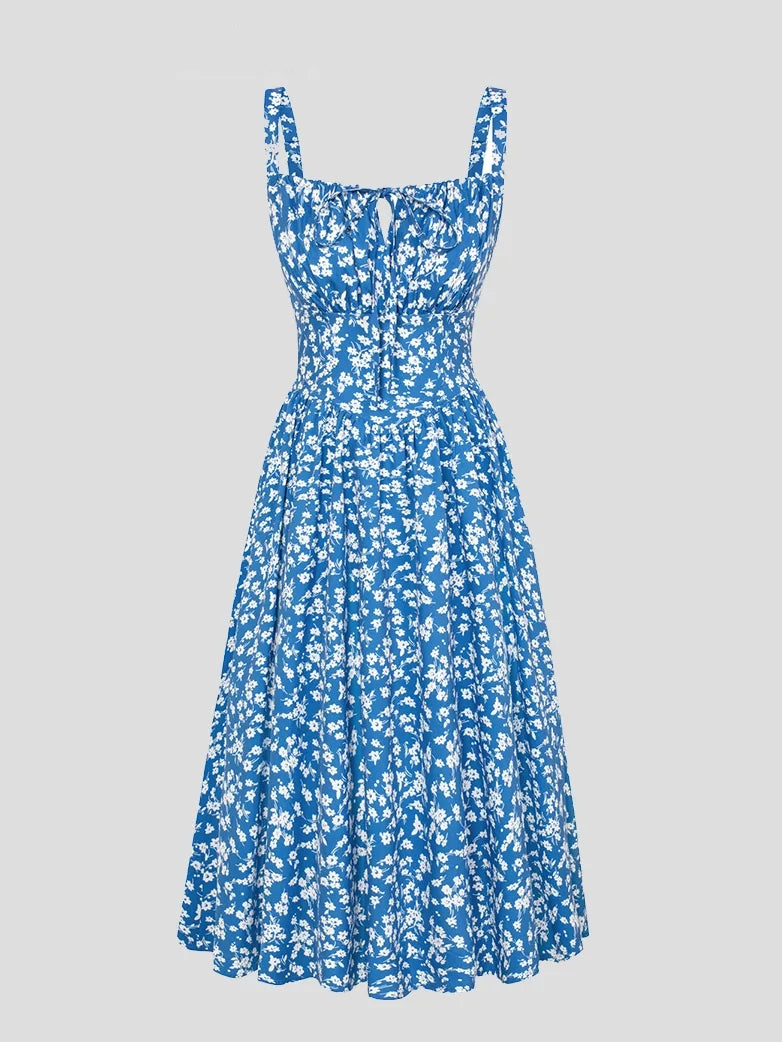 Women’s Floral Midi Corset Sundress – Summer Spring Vacation Milkmaid Style