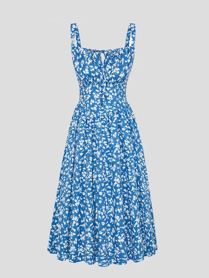 Women’s Floral Midi Corset Sundress – Summer Spring Vacation Milkmaid Style