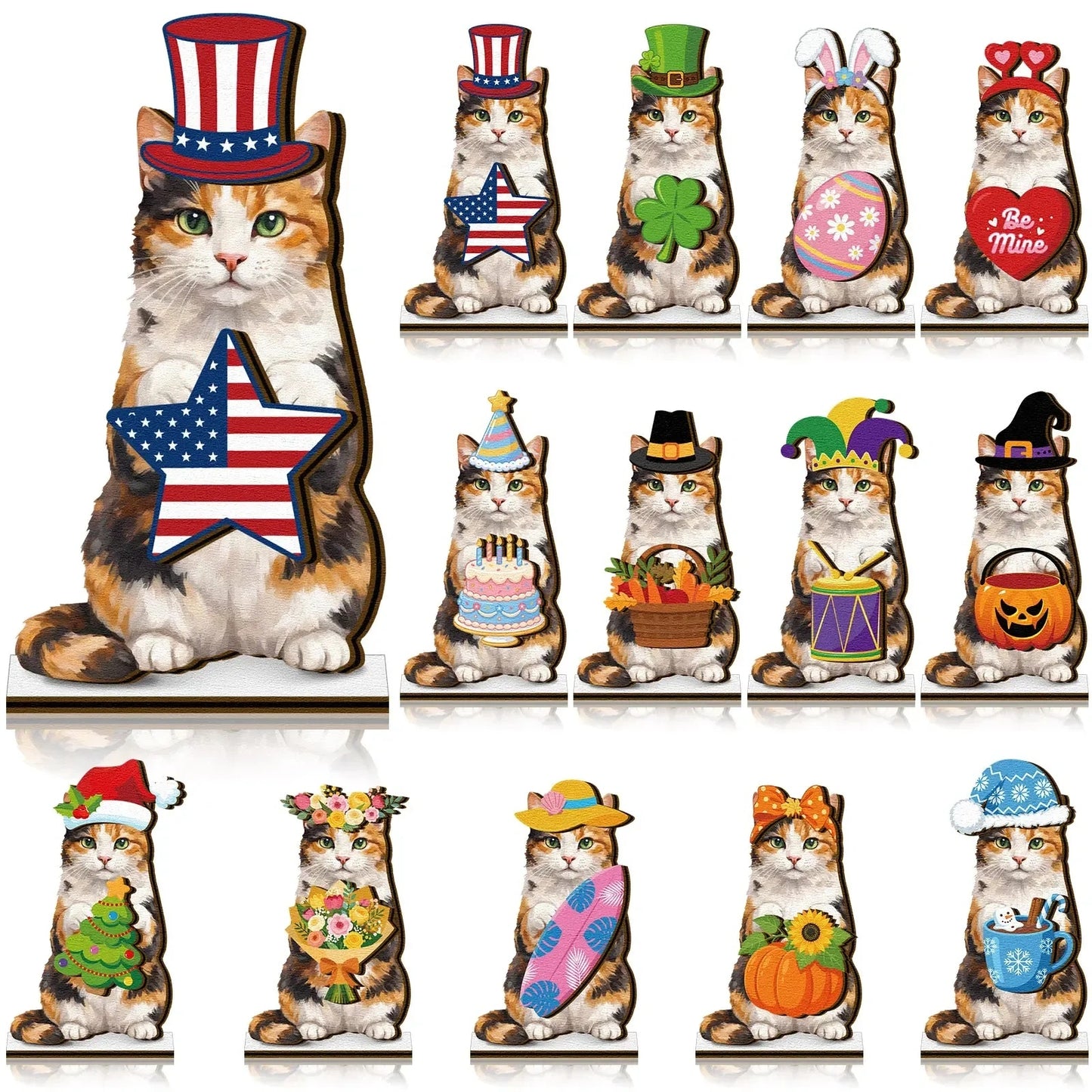 Halloween Cat Decor – Interchangeable Magnetic Wooden Sign with Detachable Hats for All Holidays