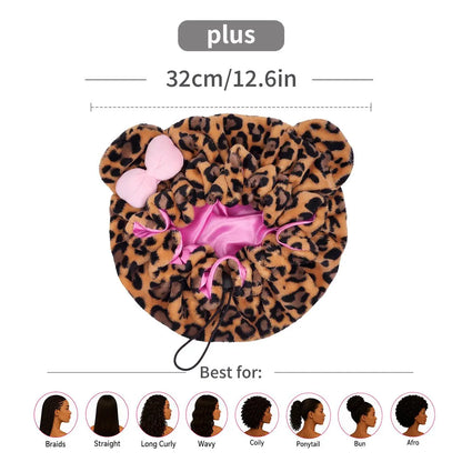 Leopard Print Satin Sleep Cap – Plush Bear Ear Hair Protection