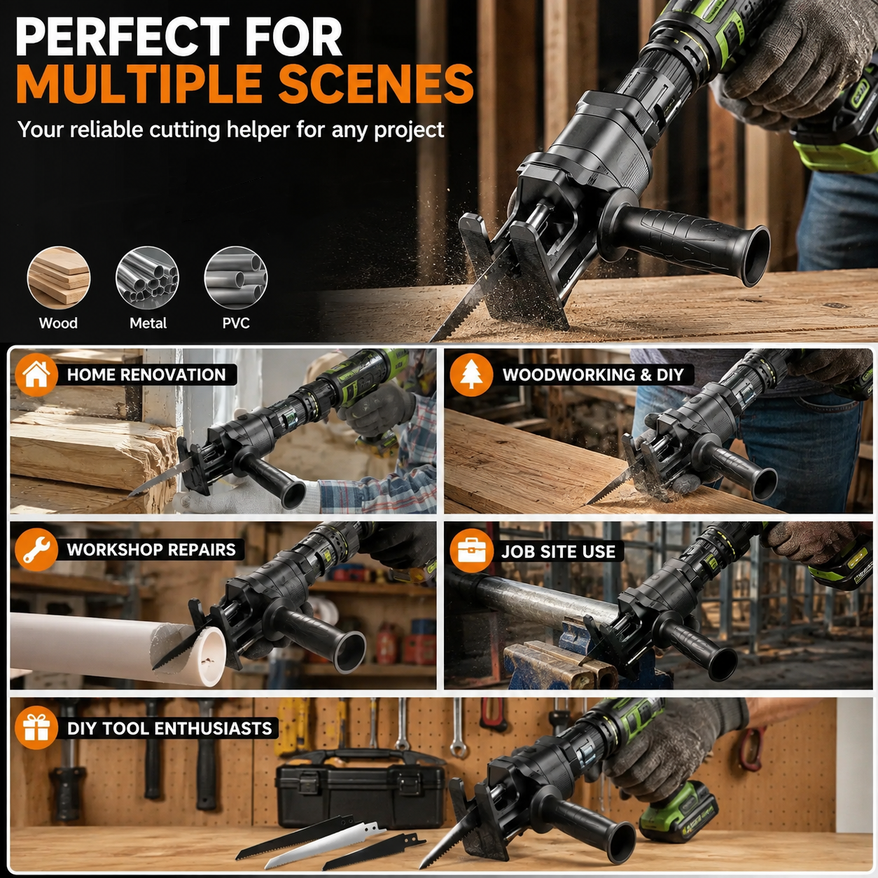 Reciprocating Saw Attachment for Drill – 3 Blades for Wood, Metal & PVC