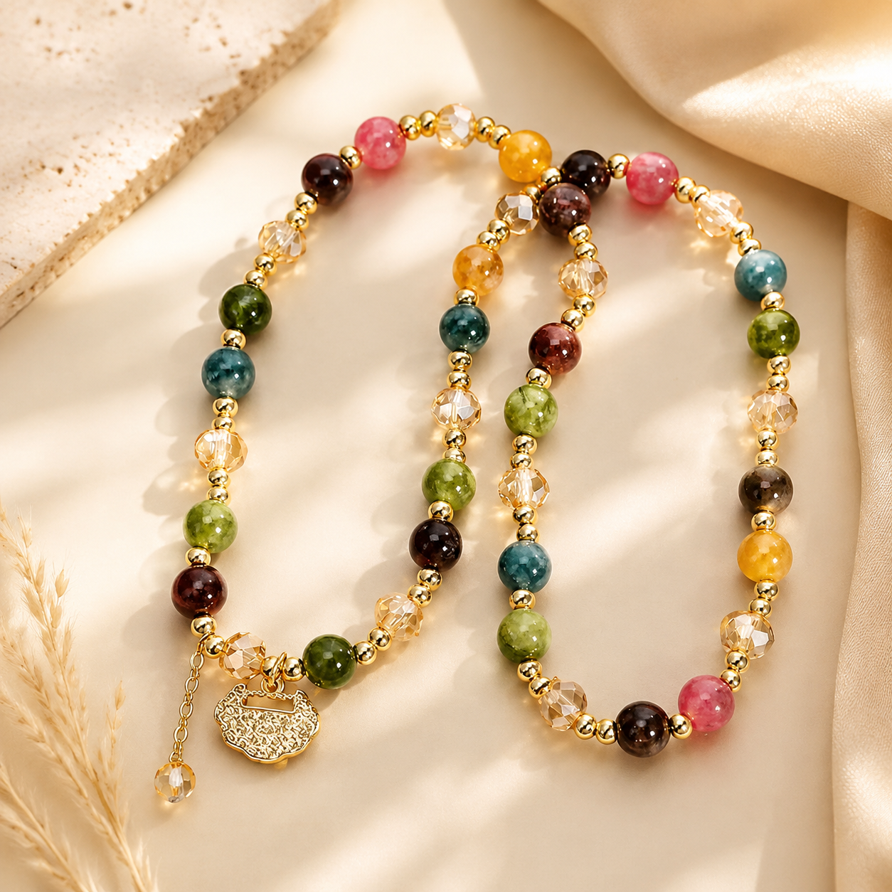 Premium Double Strand Rainbow Tourmaline Beaded Bracelet