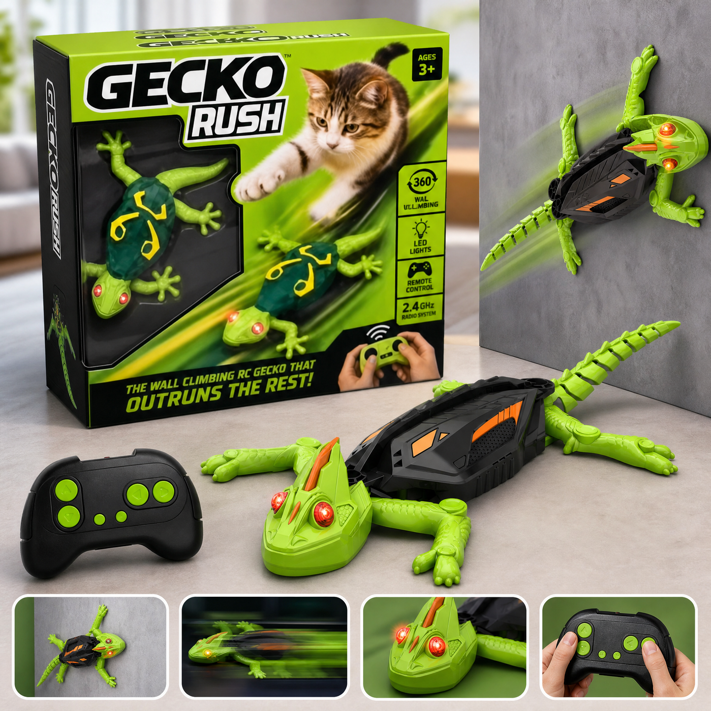 Gecko Wall Racer – Remote Control Climbing Gecko with Glowing LED Eyes