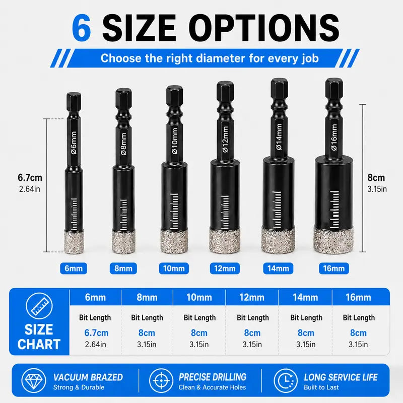 6 Pcs Brazed Diamond Drill Bits Set
