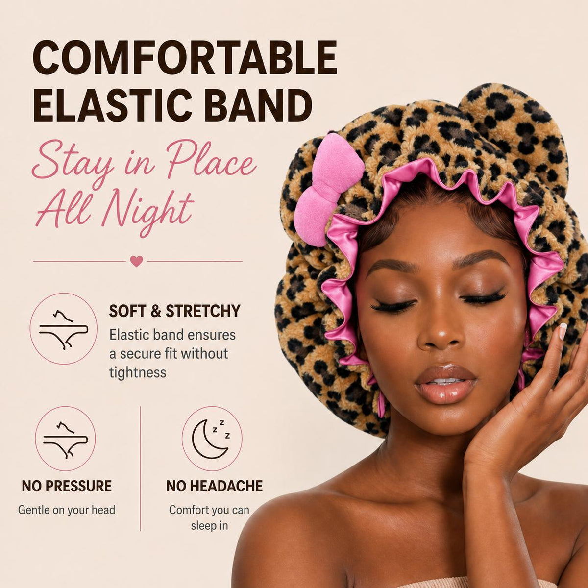 Leopard Print Satin Sleep Cap – Plush Bear Ear Hair Protection