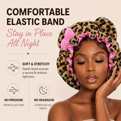 Leopard Print Satin Sleep Cap – Plush Bear Ear Hair Protection