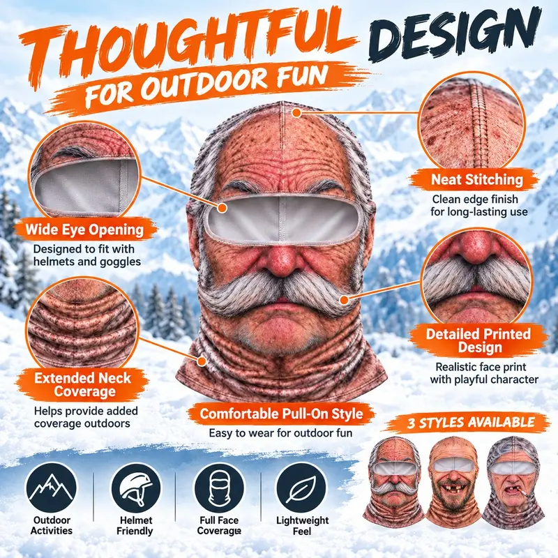 3D Realistic Old Man Face Mask with Hood|Funny Winter Skiing Costume Accessory