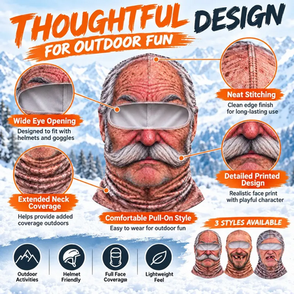 3D Realistic Old Man Face Mask with Hood|Funny Winter Skiing Costume Accessory