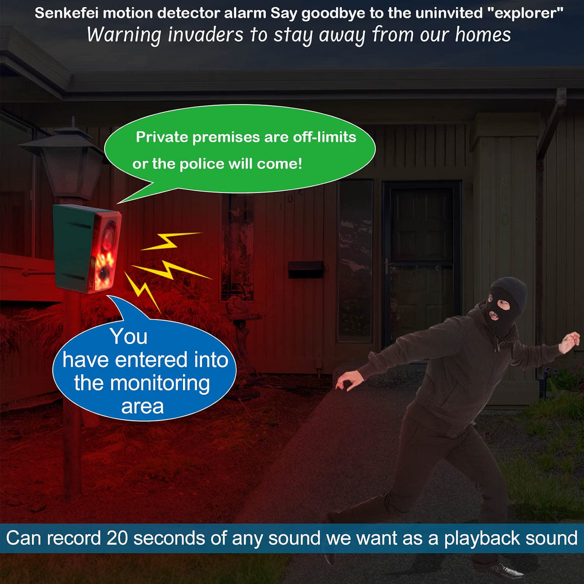 Solar Motion Sensor Alarm – 130dB Wildlife Deterrent with Flashing Lights