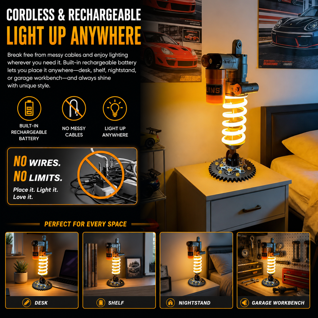 Shock Absorber Table Lamp, Battery Powered LED Night Light