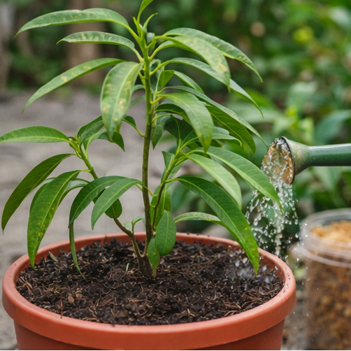 Watering a young mango plant