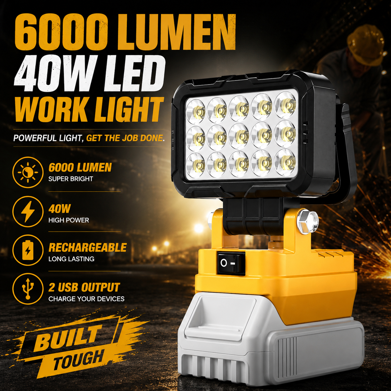 6000 Lumen 40W LED Work Light -Compatible with Dewalt 20V Max Battery